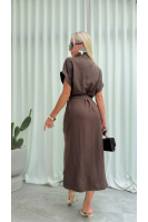 Sukienka Koszulowa Maxi Premium Wiązana w Pasie Elegancka Oversize Guziki Kieszenie - brąz